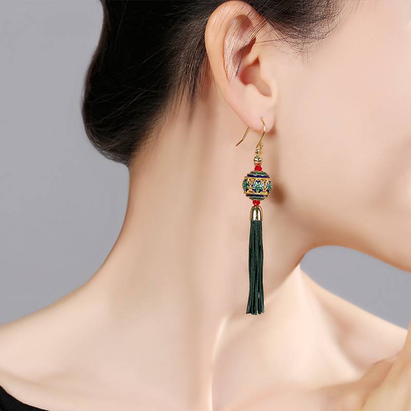 New Tinetan Cloisonne Green Tassel Ethnic Style Women's Earrings Ancient Style with Cheongsam Earrings