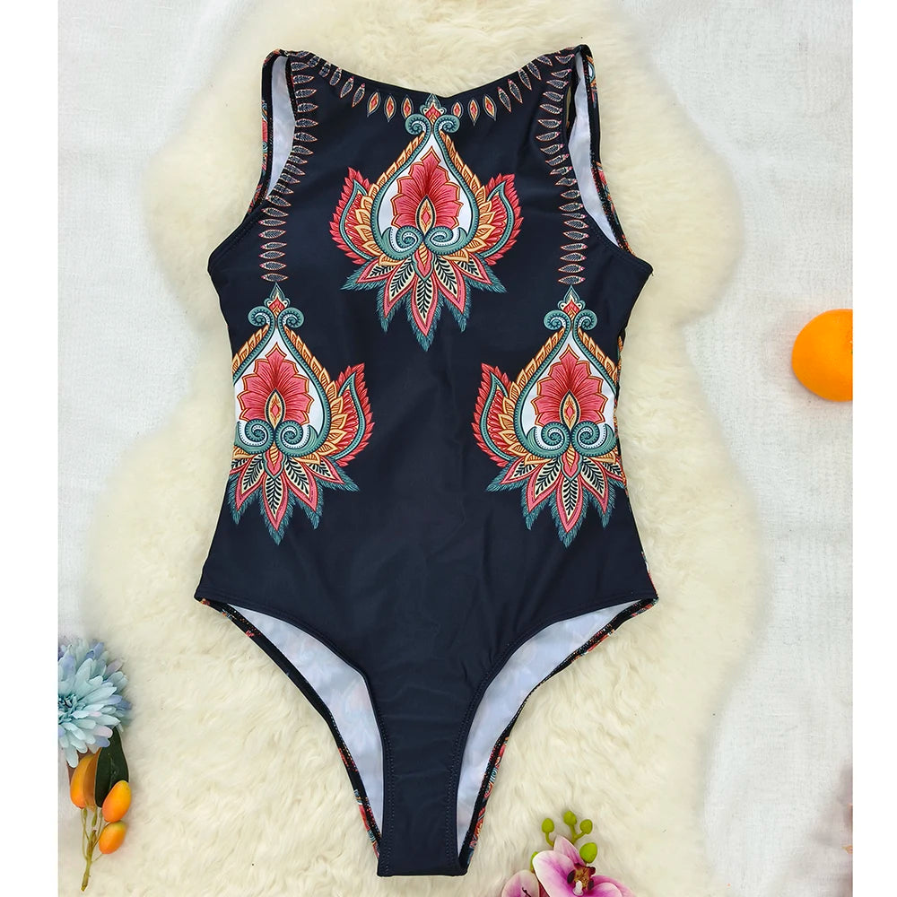 New Printed One-piece Swimsuit Classic Printed Lace Up Swimsuit Women's Push Up Flower One-piece Suit Beach Wear For Female