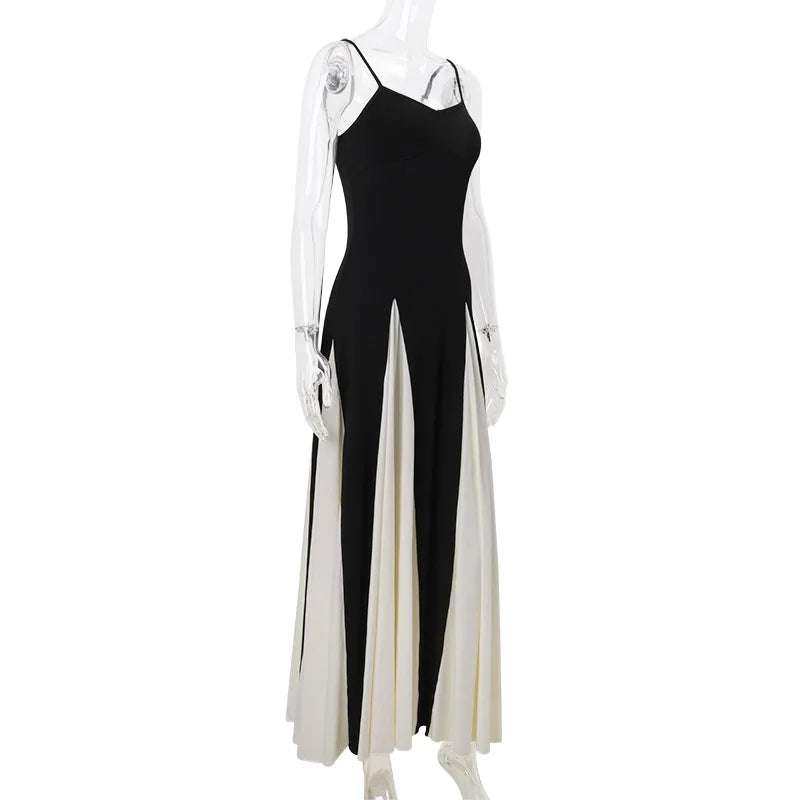 2024 Summer Elegant Female Vestidos Black White Patchwork Hem Maxi Dress Women Sexy Sleeveless Bodycon Sling Party Dresses