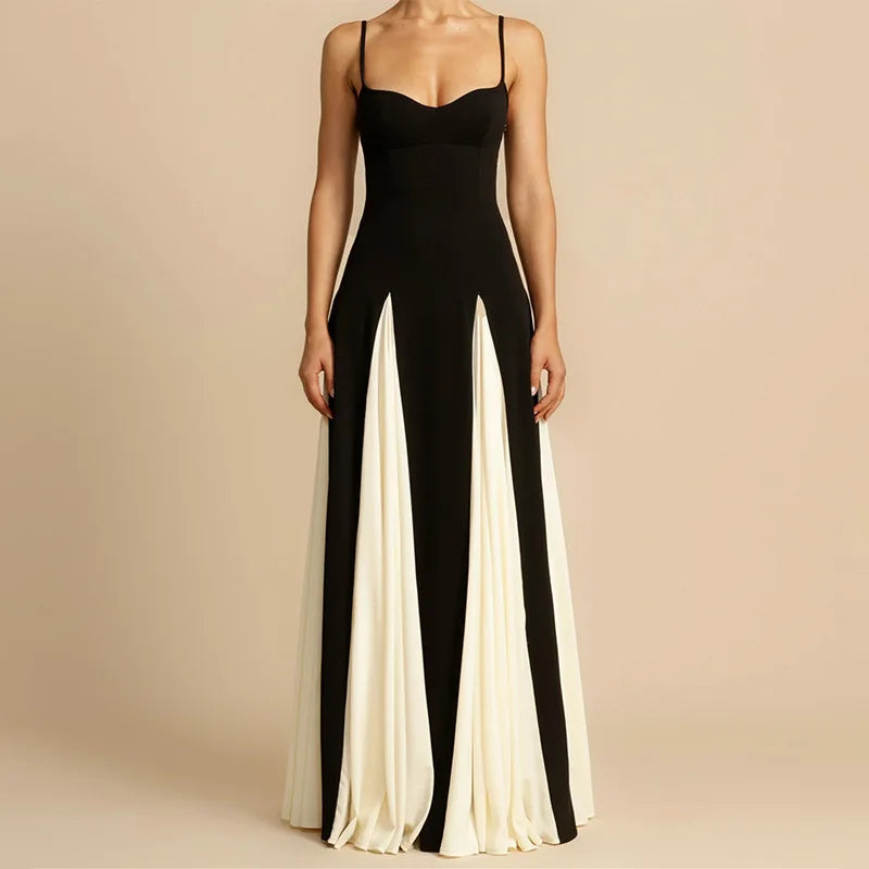 2024 Summer Elegant Female Vestidos Black White Patchwork Hem Maxi Dress Women Sexy Sleeveless Bodycon Sling Party Dresses