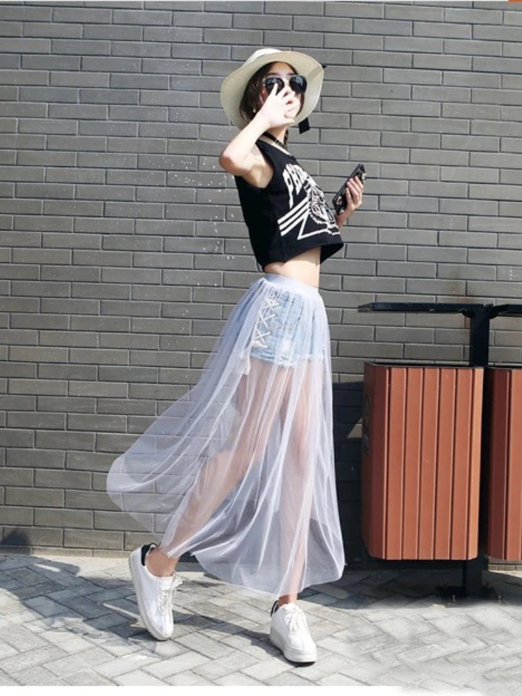 2024 Summer Long Lace Skirt Women Black White Mesh Voile Casual Skirts Low Waist Bohemian Sexy Transparent Maxi Wear