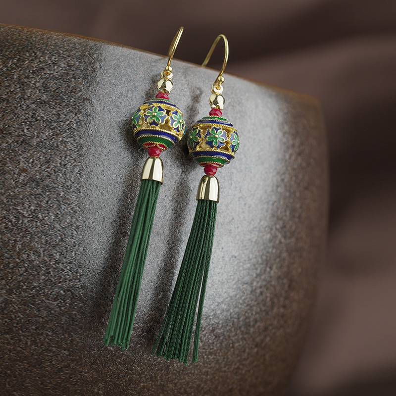 New Tinetan Cloisonne Green Tassel Ethnic Style Women's Earrings Ancient Style with Cheongsam Earrings