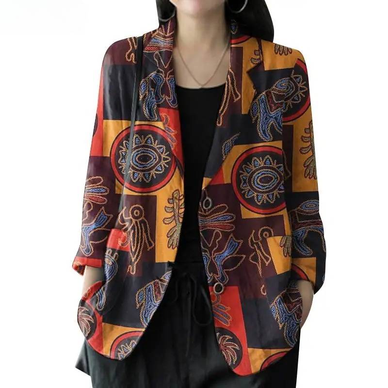 Autumn Vintage Long Sleeve Printed Coats Female Thin Tops Women Blazer Spring Summer Cotton Shirt Casual Outwears