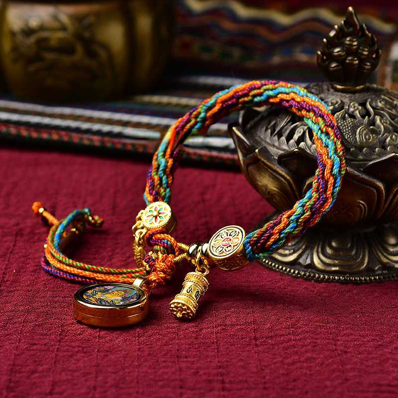 Tibetan Handmade Reincarnation Bracelet Zakiram Green Tara Huangcai Manjushri Thangka Bracelet