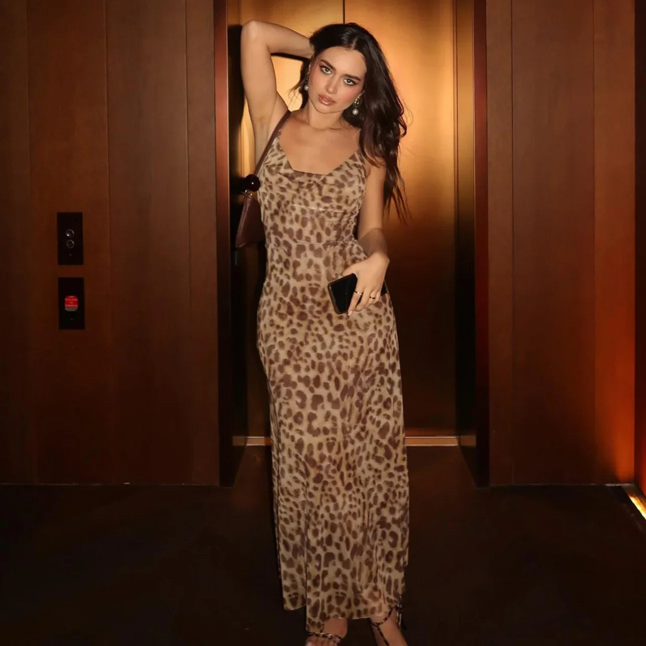 ASDS Women's Sexy Vintage Leopard Print Tulle Long Dress Fashion Backless Slip Dresses Female Elegant Slim Party Maxi Dress