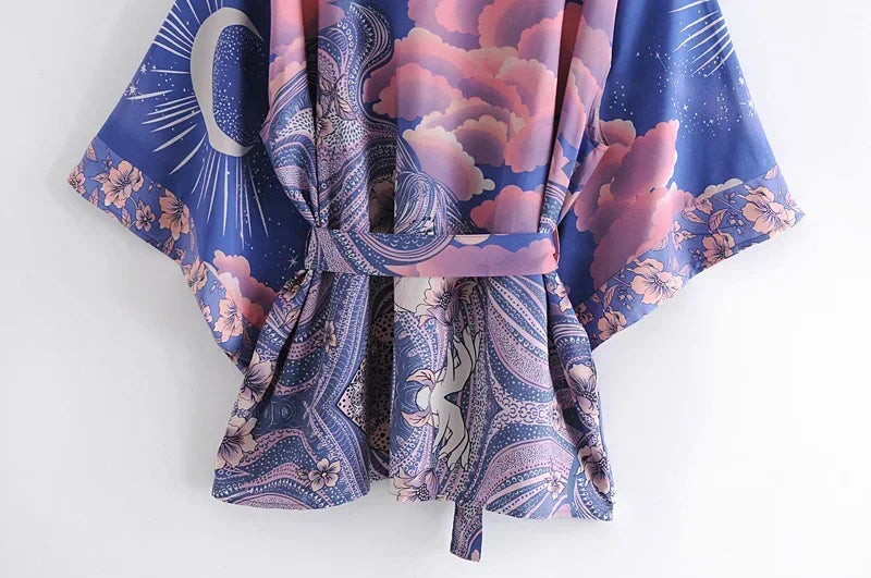 Boho Queens Vintage Star and Moon Floral Print Sashes Women Bohemian V Neck Batwing Sleeves Happie Short Robe Kimono