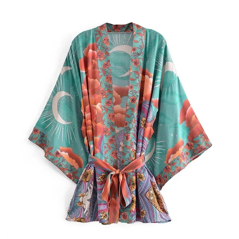 Boho Queens Vintage Star and Moon Floral Print Sashes Women Bohemian V Neck Batwing Sleeves Happie Short Robe Kimono