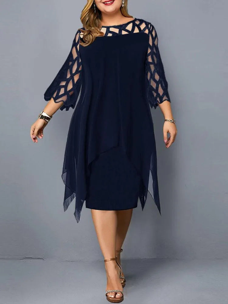 Elegant Midi Party Dress For Chubby Women Xxl O Neck Lace Sleeve Hollow Out Solid Sexy Women'S Clothing Evening Dresses 2023