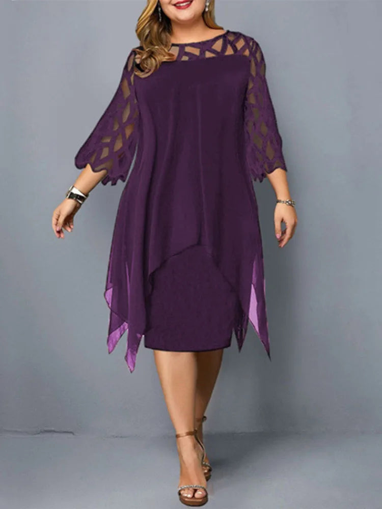 Elegant Midi Party Dress For Chubby Women Xxl O Neck Lace Sleeve Hollow Out Solid Sexy Women'S Clothing Evening Dresses 2023