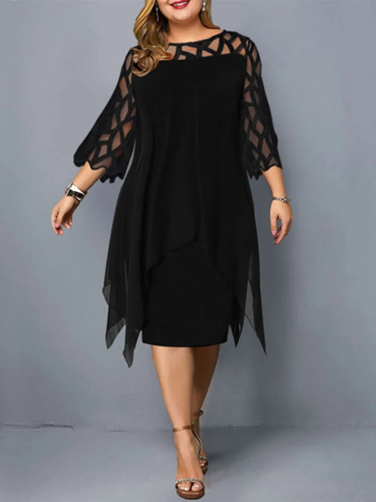 Elegant Midi Party Dress For Chubby Women Xxl O Neck Lace Sleeve Hollow Out Solid Sexy Women'S Clothing Evening Dresses 2023