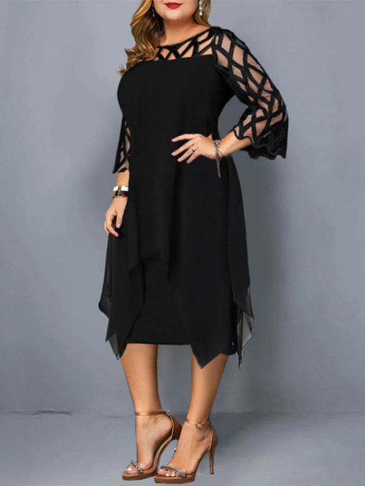 Elegant Midi Party Dress For Chubby Women Xxl O Neck Lace Sleeve Hollow Out Solid Sexy Women'S Clothing Evening Dresses 2023