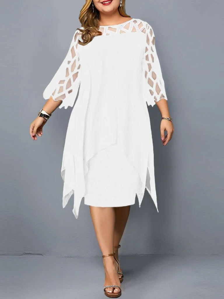 Elegant Midi Party Dress For Chubby Women Xxl O Neck Lace Sleeve Hollow Out Solid Sexy Women'S Clothing Evening Dresses 2023