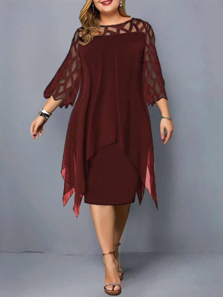 Elegant Midi Party Dress For Chubby Women Xxl O Neck Lace Sleeve Hollow Out Solid Sexy Women'S Clothing Evening Dresses 2023