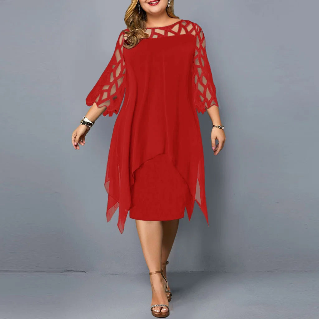 Elegant Midi Party Dress For Chubby Women Xxl O Neck Lace Sleeve Hollow Out Solid Sexy Women'S Clothing Evening Dresses 2023