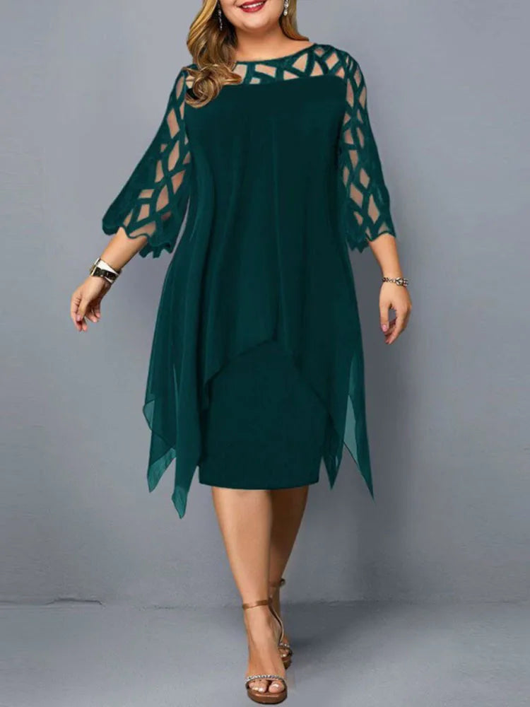 Elegant Midi Party Dress For Chubby Women Xxl O Neck Lace Sleeve Hollow Out Solid Sexy Women'S Clothing Evening Dresses 2023