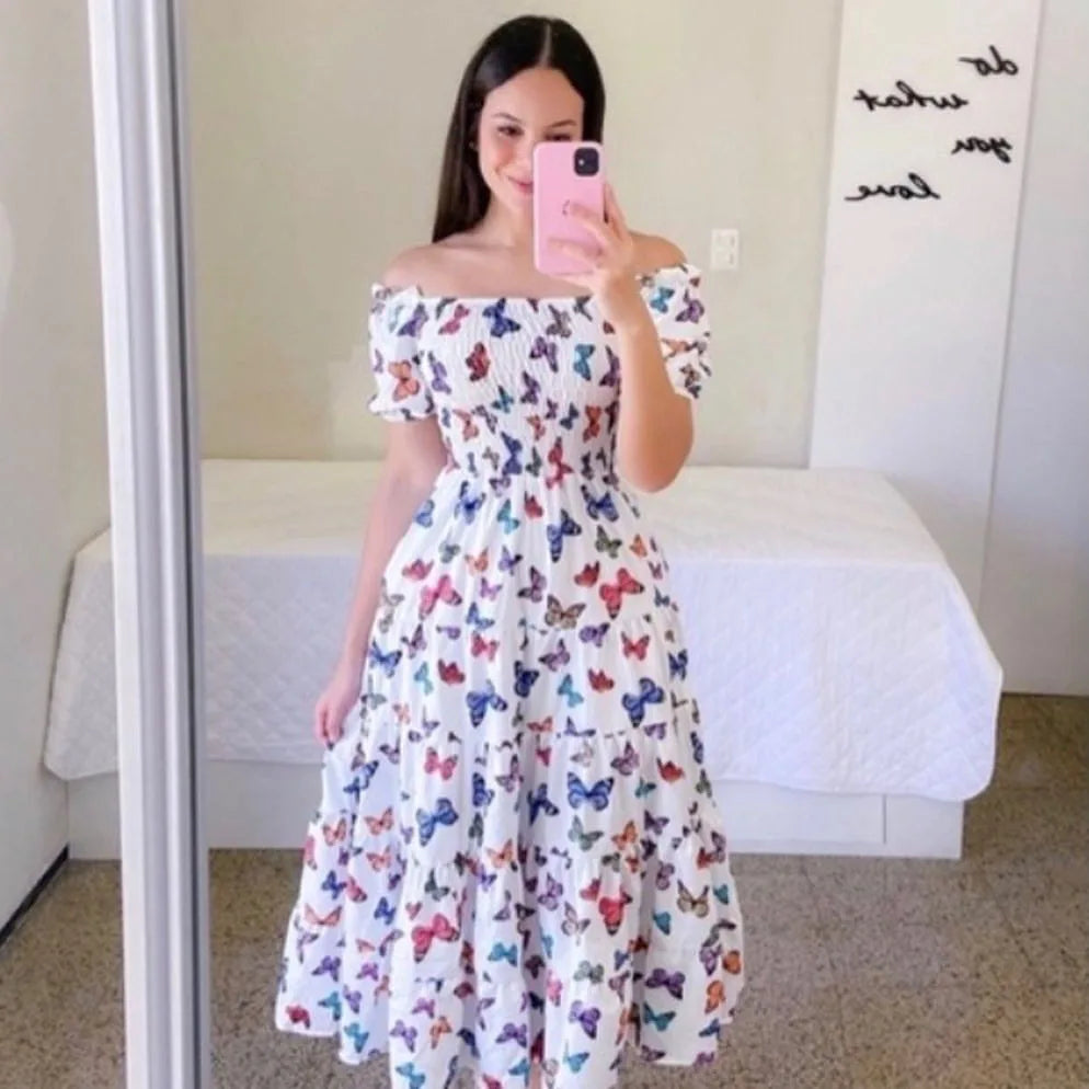 Elegant Women's Off Shoulder Midi Dress 2024 Summer Fashion dresses High Waist Flower Print Short Sleeve Dress Robe Clothing