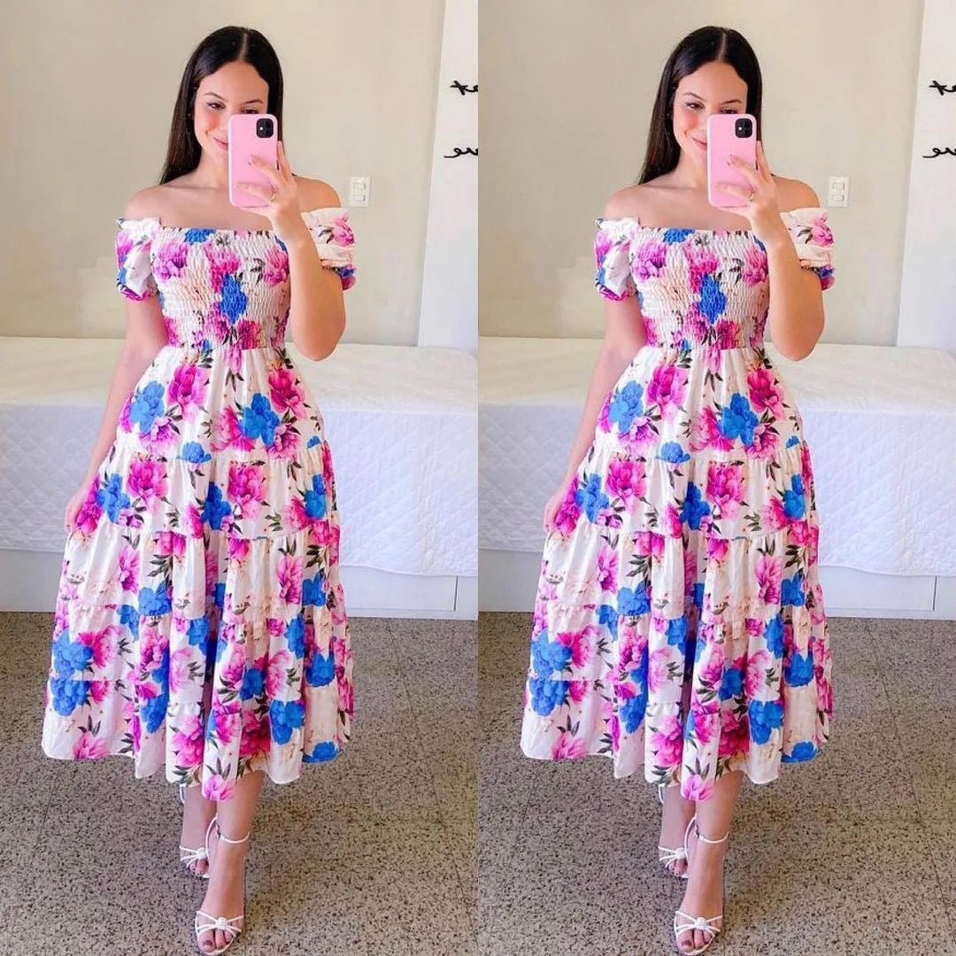 Elegant Women's Off Shoulder Midi Dress 2024 Summer Fashion dresses High Waist Flower Print Short Sleeve Dress Robe Clothing