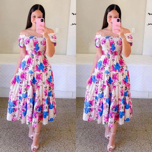Elegant Women's Off Shoulder Midi Dress 2024 Summer Fashion dresses High Waist Flower Print Short  Sleeve Dress Robe Clothing