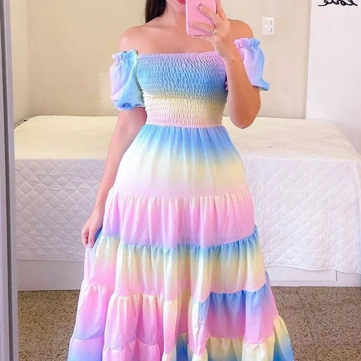 Elegant Women's Off Shoulder Midi Dress 2024 Summer Fashion dresses High Waist Flower Print Short Sleeve Dress Robe Clothing