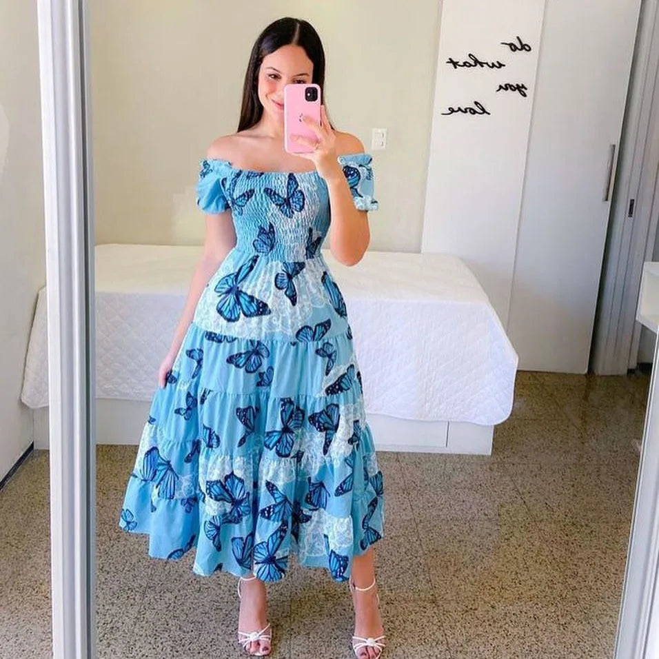 Elegant Women's Off Shoulder Midi Dress 2024 Summer Fashion dresses High Waist Flower Print Short Sleeve Dress Robe Clothing