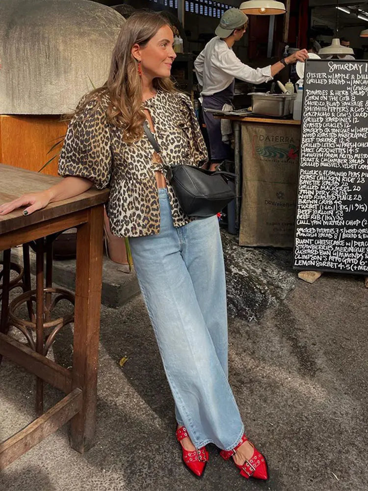 Fashion Leopard Hollow Out Thin Shirts For Women Causal Loose O Neck Short Sleeved Tops 2024 Spring Summer Ladies Streetwear Top