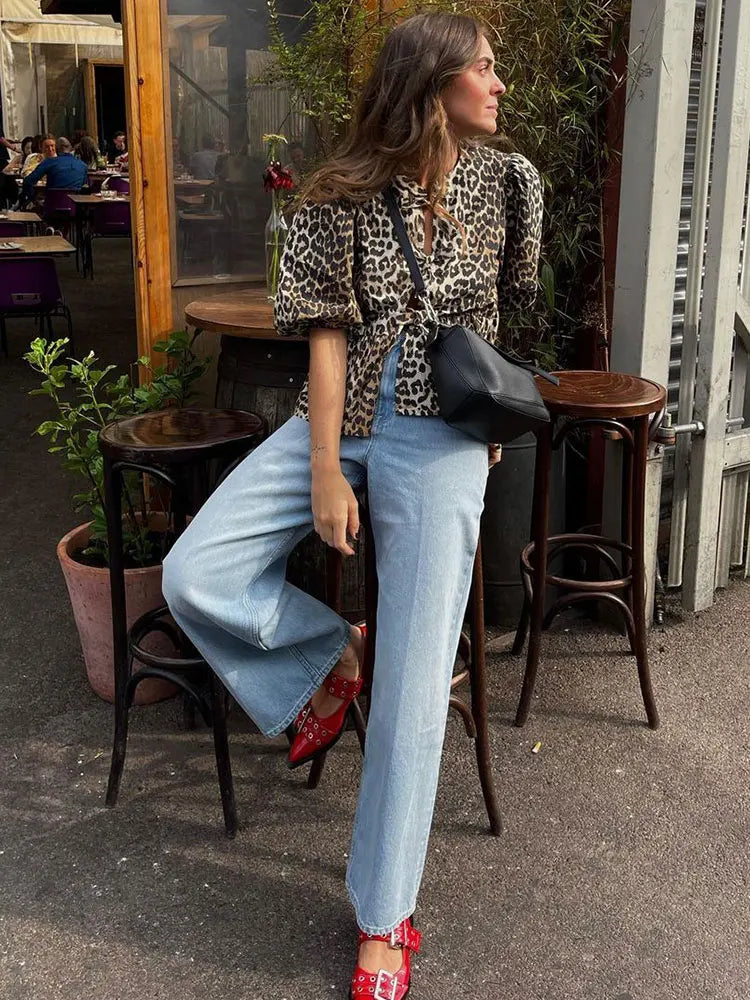 Fashion Leopard Hollow Out Thin Shirts For Women Causal Loose O Neck Short Sleeved Tops 2024 Spring Summer Ladies Streetwear Top