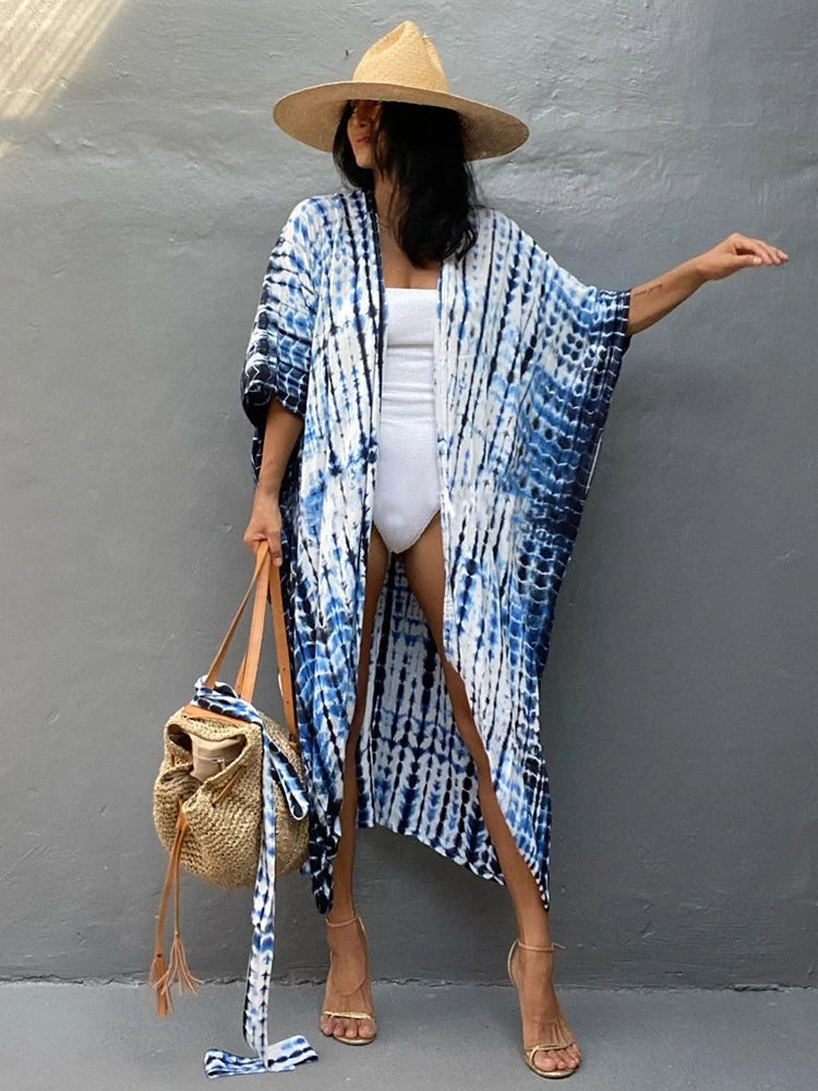 Fitshinling Summer Vintage Kimono Swimwear Halo Dyeing Beach Cover Up With Sashes Oversized Long Cardigan Holiday Sexy Covers
