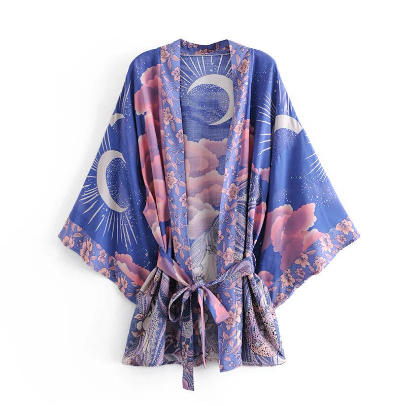 Boho Queens Vintage Star and Moon Floral Print Sashes Women Bohemian V Neck Batwing Sleeves Happie Short Robe Kimono