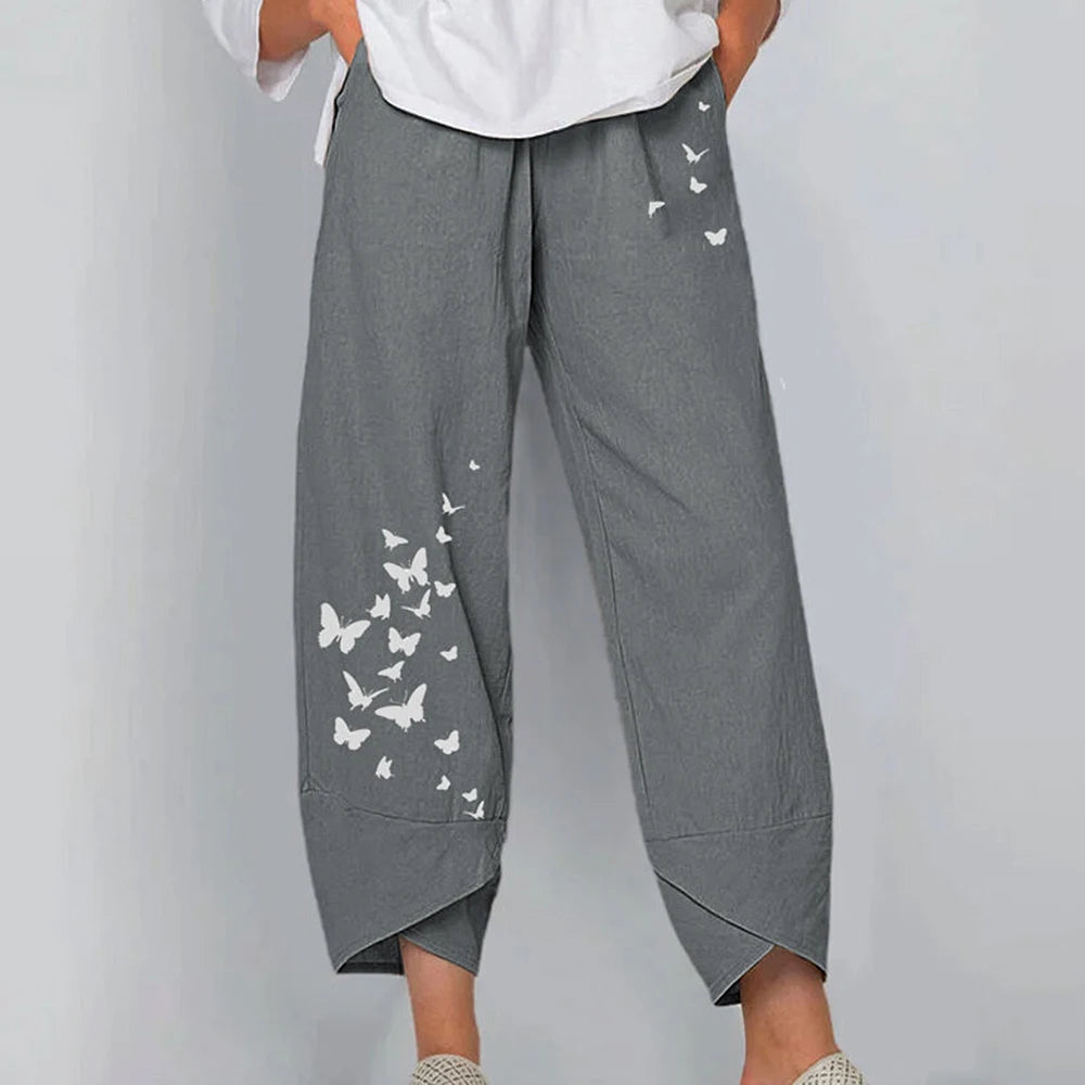 Vintage Print Women Pants Fashion Irregular Casual High Waist Elastic Waist Straight Loose Trousers Summer Lady Cargo Pantalon
