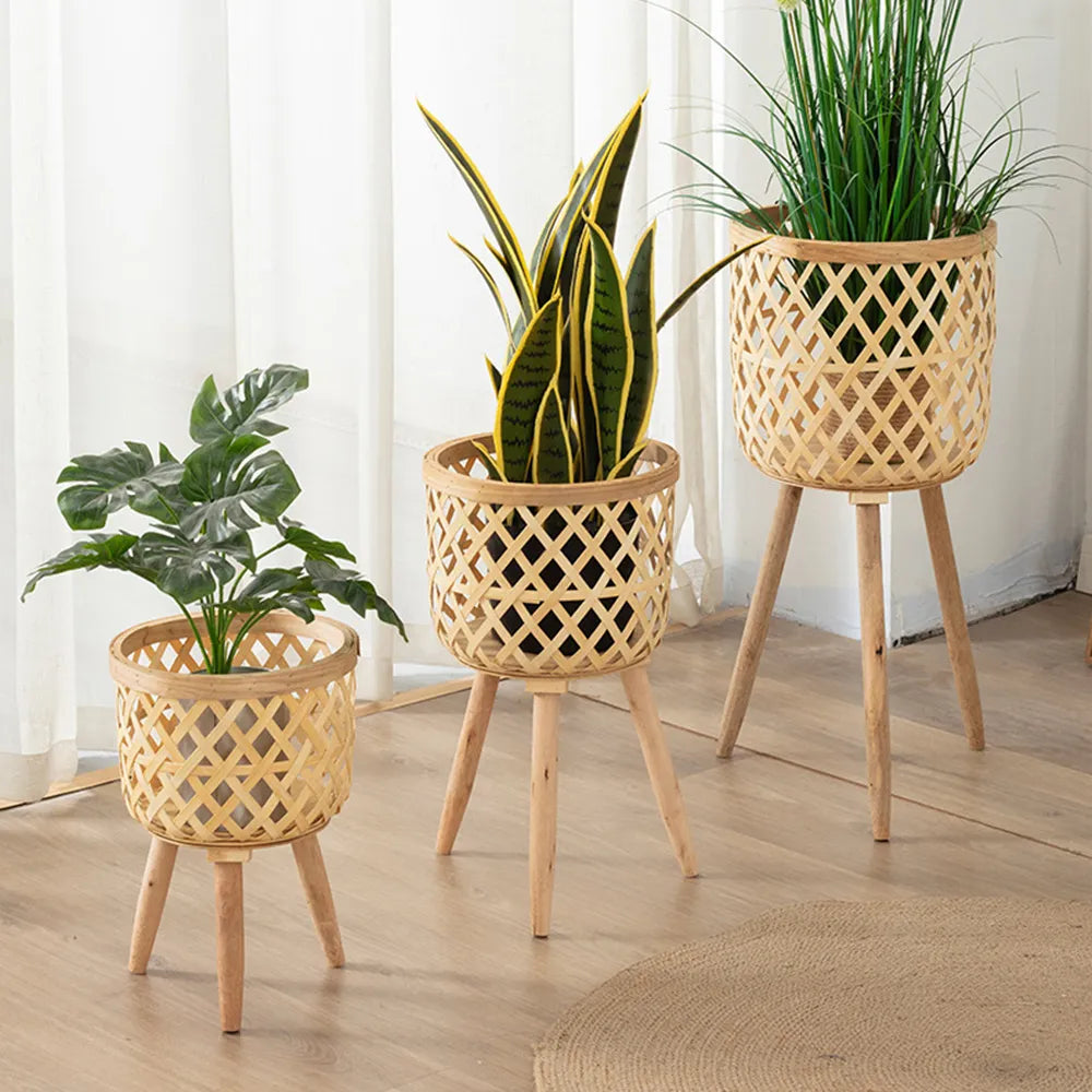 Handmade Bamboo Woven Flower Pot with Stand Plant Flower Display Storage Stand DIY Storage Nursery Pots Home Decoration