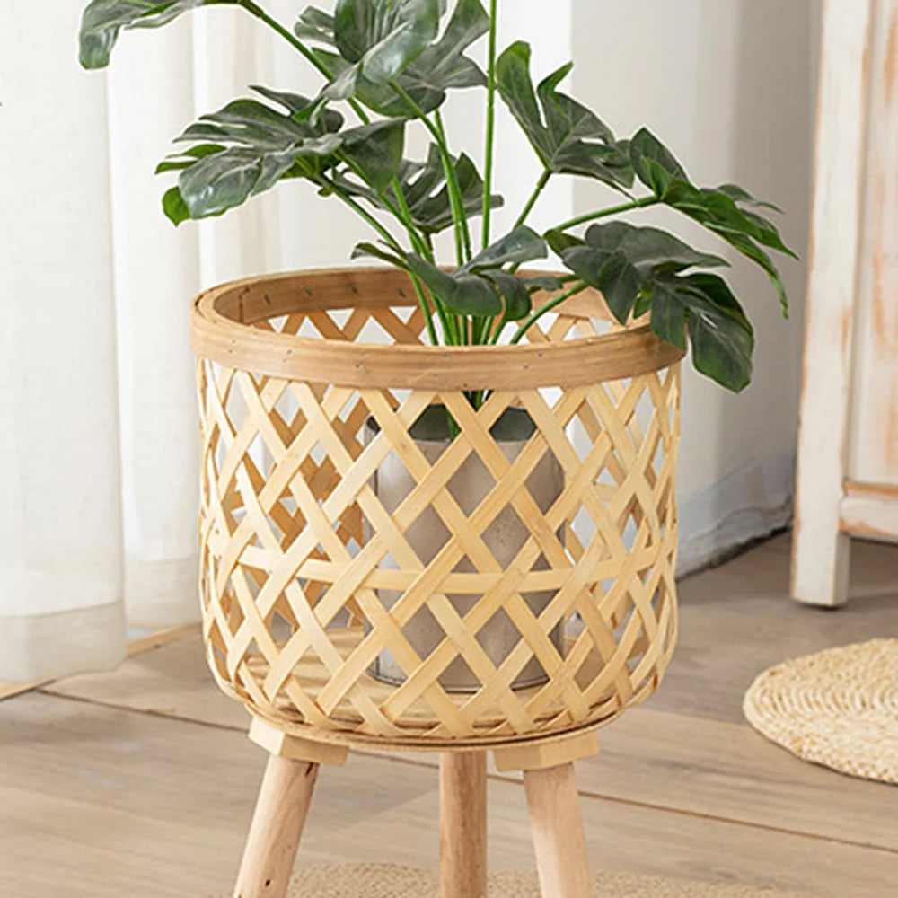 Handmade Bamboo Woven Flower Pot with Stand Plant Flower Display Storage Stand DIY Storage Nursery Pots Home Decoration