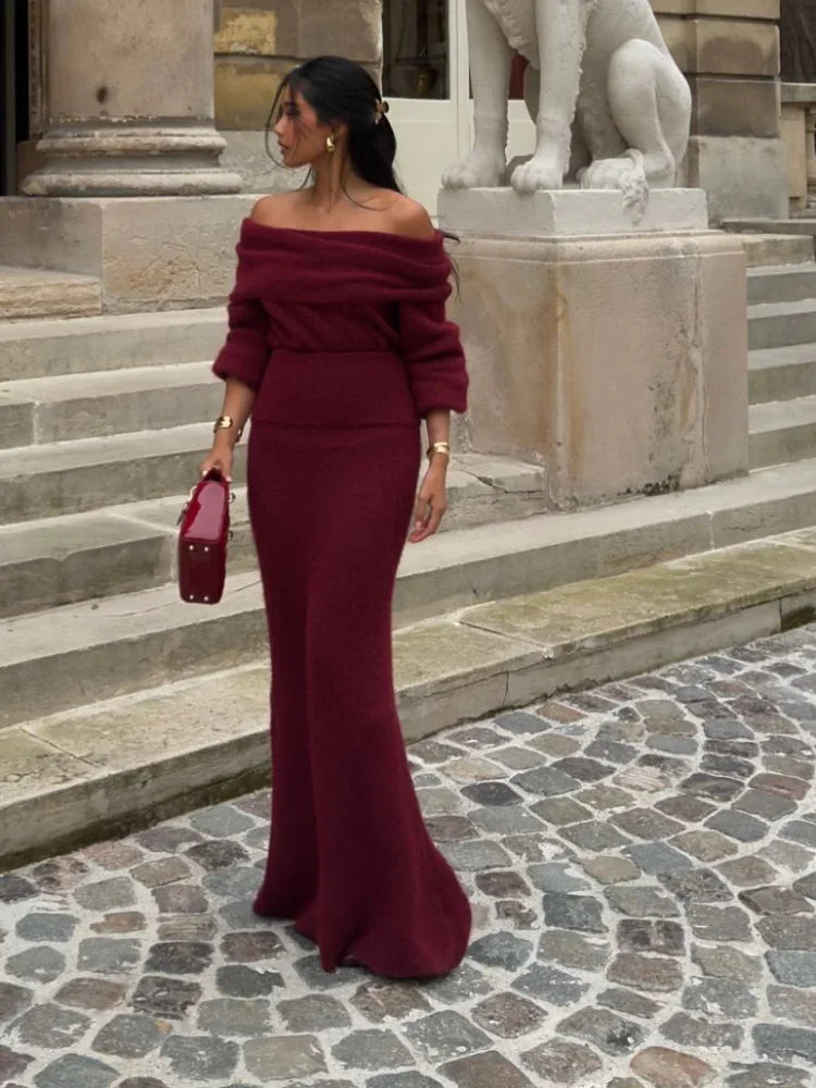 Knitted Off Shoulder Long Sleeved Slim Fit Dresses Elegant Solid Color High Waisted Women's Dress 2024 New Lady Party Streetwear