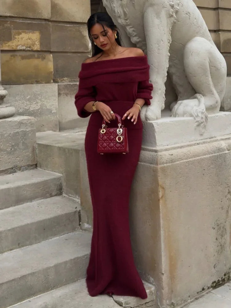 Knitted Off Shoulder Long Sleeved Slim Fit Dresses Elegant Solid Color High Waisted Women's Dress 2024 New Lady Party Streetwear
