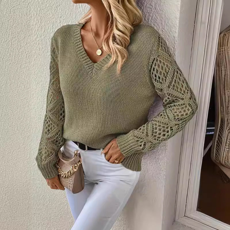 Spring and Autumn Knitted Sweater, Women's Clothing Temperament V-neck Hollow Long-sleeved Solid Color Casual Top