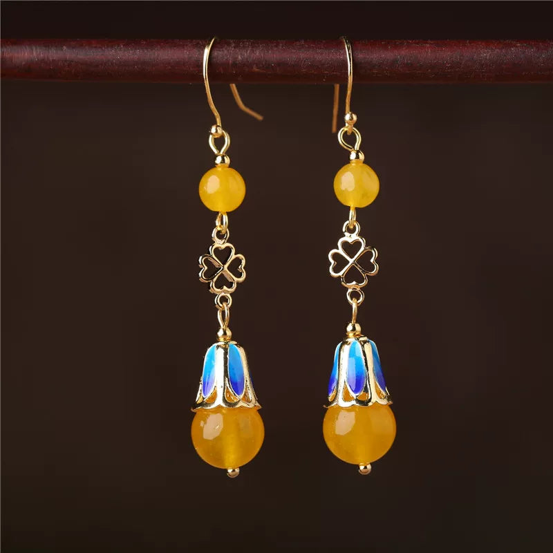 Ethnic Style Long Jade Earrings Retro Temperament Fringed Silver Earrings