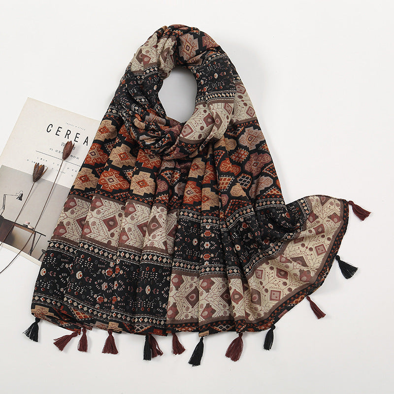 New Etro Color Matching Small Floral Long Towel Cotton and Linen Scarf with Decorative Shawl