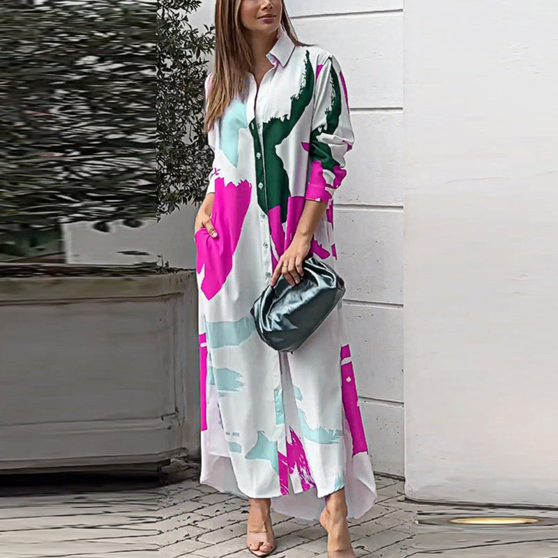 Women's Clothing on The New Fashion Casual Printing Loose Split Shirt Dress