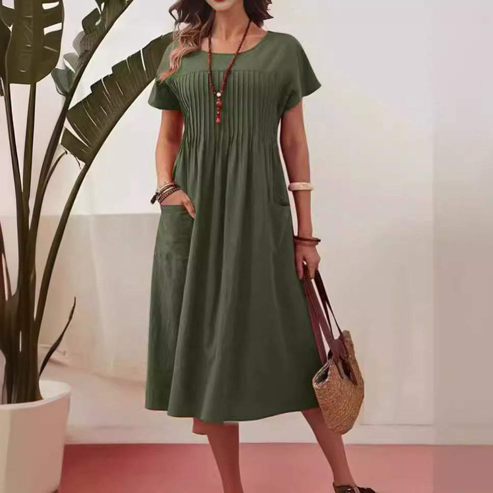 Women's Clothing Long Dress New Solid Color Round Neck Pocket Pleated Short Sleeve Cotton and Linen Dress