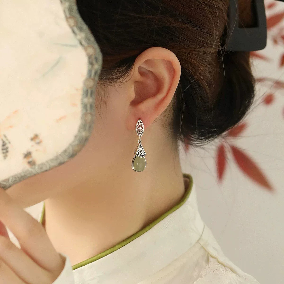 925 Silver Retro New Jade Paper Pattern Water Drop Earrings, Ear Buckles Hollow Femininity Versatile Niche Design