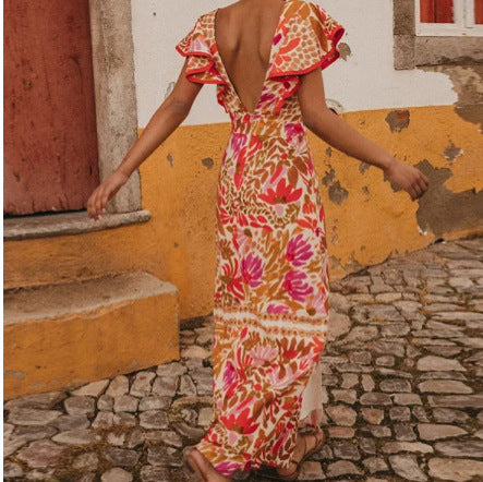 New V-neck Feifei Sleeve Split Dress High Waist Backless Long Dress Celebrity Style
