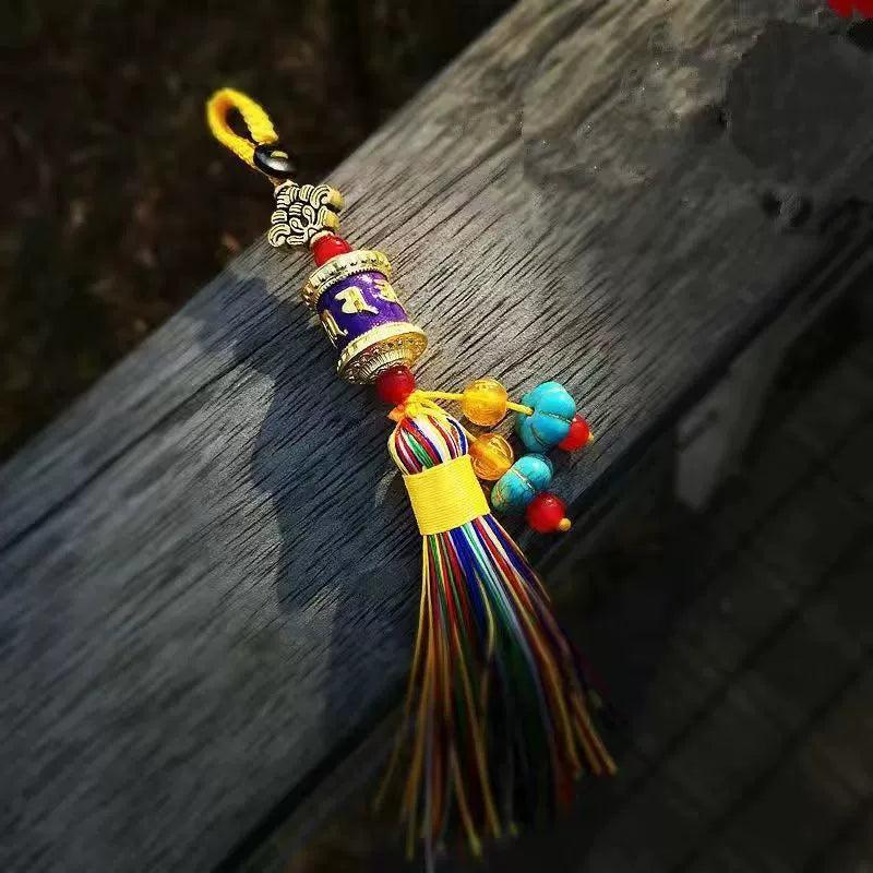 Tibetan Six-character Mantra Ten-color Painted Key Ring, Colored Fringed Car Mobile Phone Bag Keychain, Decorative Pendant