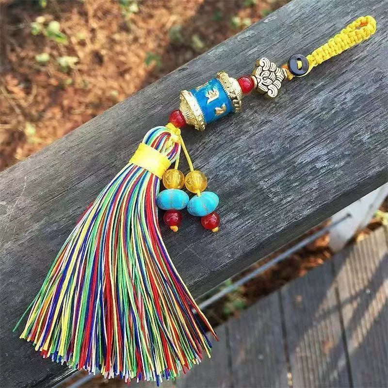 Tibetan Six-character Mantra Ten-color Painted Key Ring, Colored Fringed Car Mobile Phone Bag Keychain, Decorative Pendant