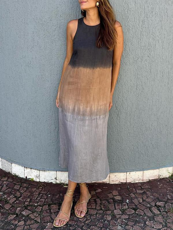 Women's Clothing Europe and The United States Summer Women's Casual Cotton and Linen Sleeveless Slit Gradual Change Dress