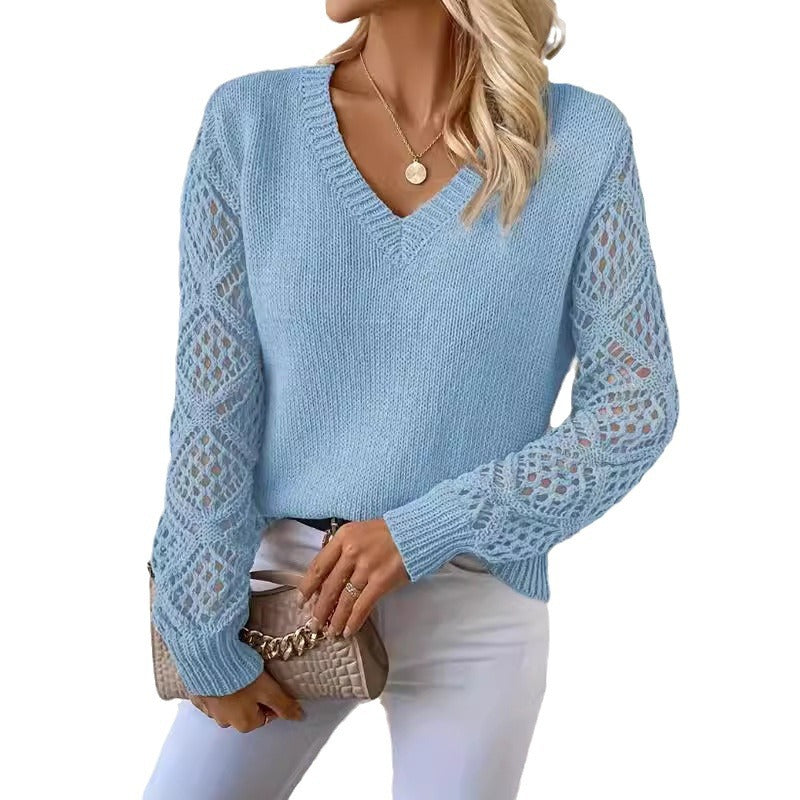 Spring and Autumn Knitted Sweater, Women's Clothing Temperament V-neck Hollow Long-sleeved Solid Color Casual Top