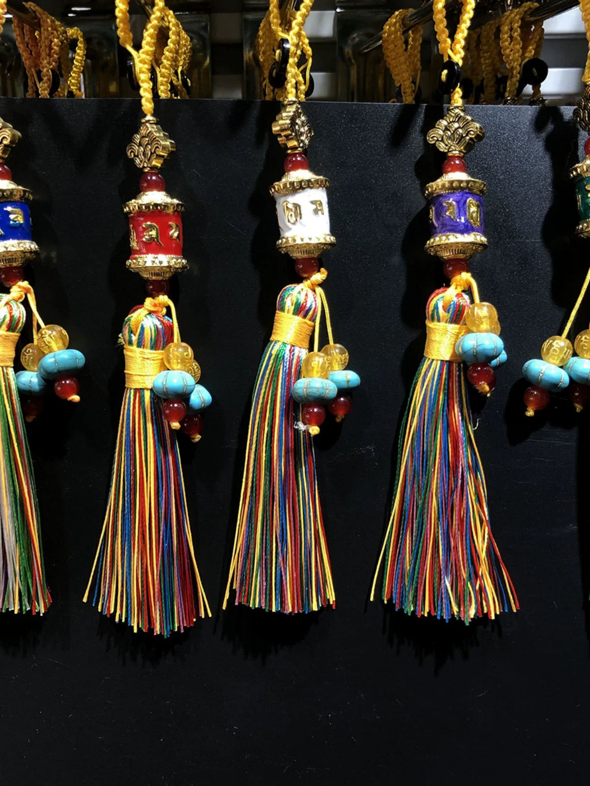 Tibetan Six-character Mantra Ten-color Painted Key Ring, Colored Fringed Car Mobile Phone Bag Keychain, Decorative Pendant