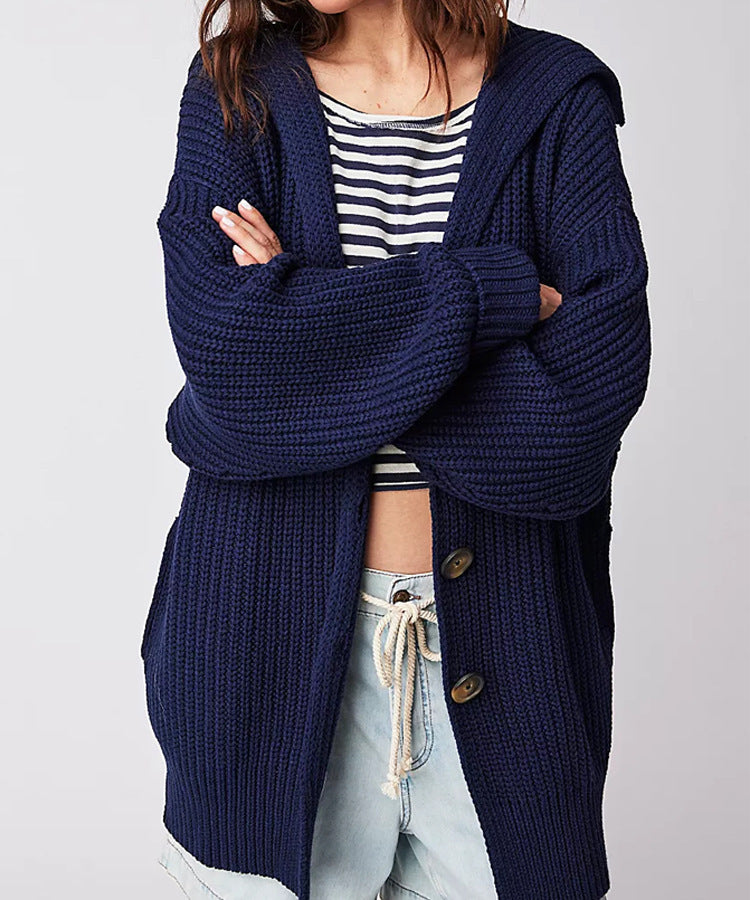 New Women's Solid Color Lapel Pocket Knitted Cardigan Button Long Coat in Autumn and Winter