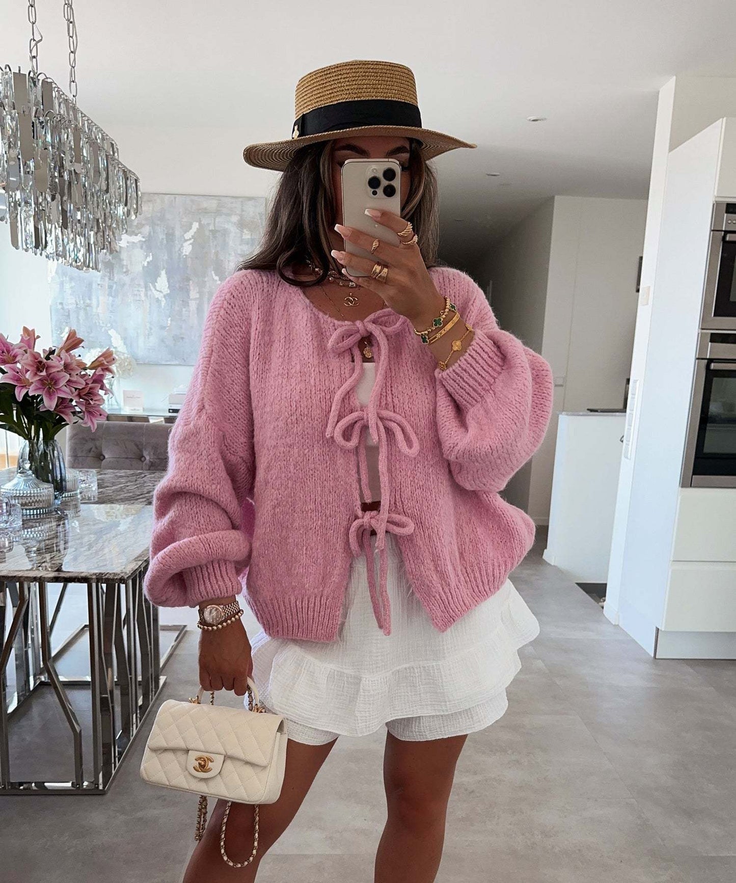 Crew Neck Lace-up Knitted Cardigan Jacket Autumn and Winter New Solid Color Commuting Simple Sweater Women