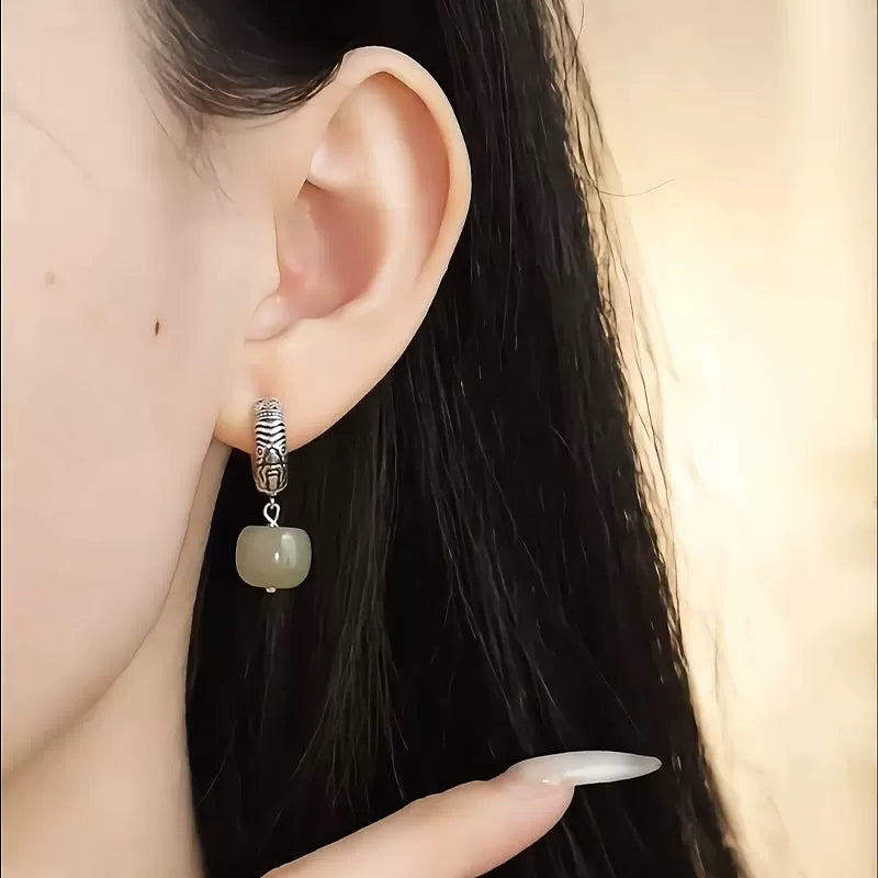 Vintage 925 Silver Zakiram Barrel Bead Ear Buckle Women's New Ethnic Style Hetian Jade Earrings