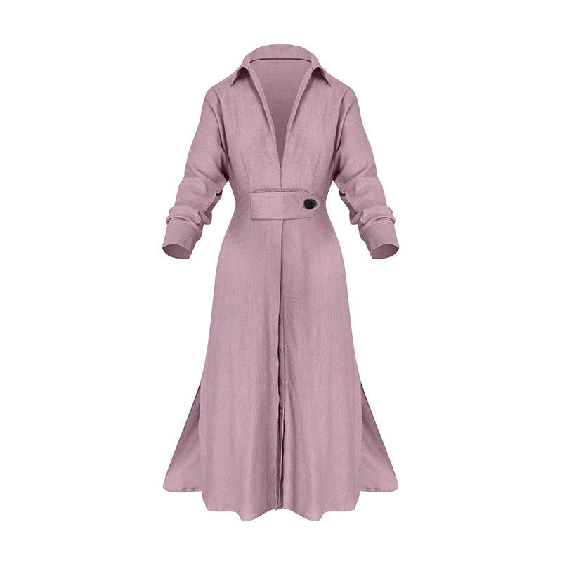 New Temperament Commuter Tie Solid Color Waist Long Sleeve Irregular Shirt Dress