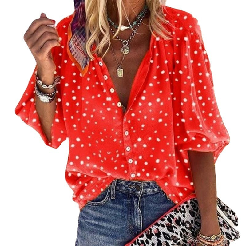New Women's 5/4 Sleeve Women's Leopard Pattern Casual Suit Collar Shirt